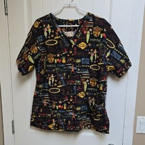 Hawaii Fashion F& K Tropical Print Nurse Medical Cotton XL Scrub top